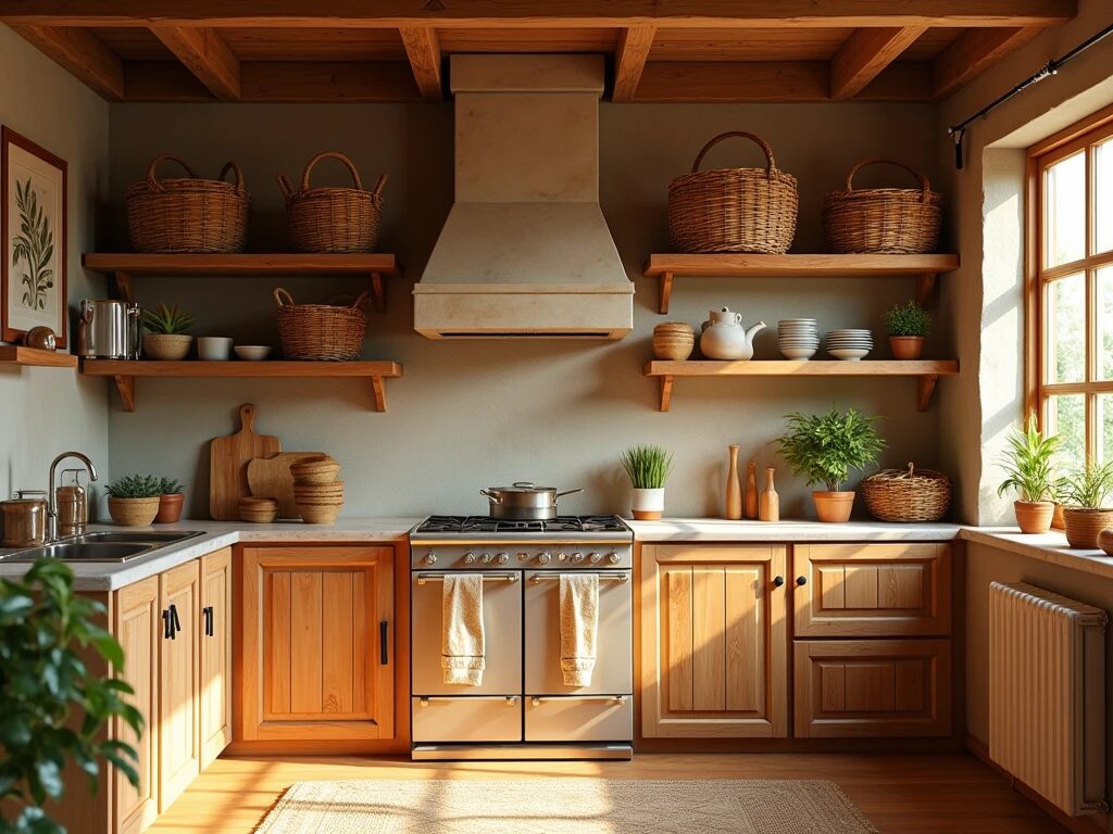 "A compact kitchen with a rod installed above the cabinets, showcasing hanging copper pans, decorative plates, and ceramic mugs. The kitchen style is industrial yet cozy."