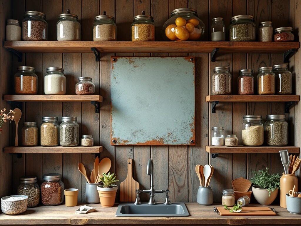  A cozy kitchen wall featuring a vintage metal sign with faded lettering, surrounded by wooden shelves filled with kitchen essentials and jars.