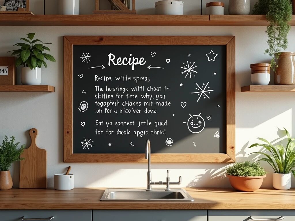 A modern kitchen wall with a chalkboard displaying handwritten recipes and small doodles, framed by cozy wooden decor