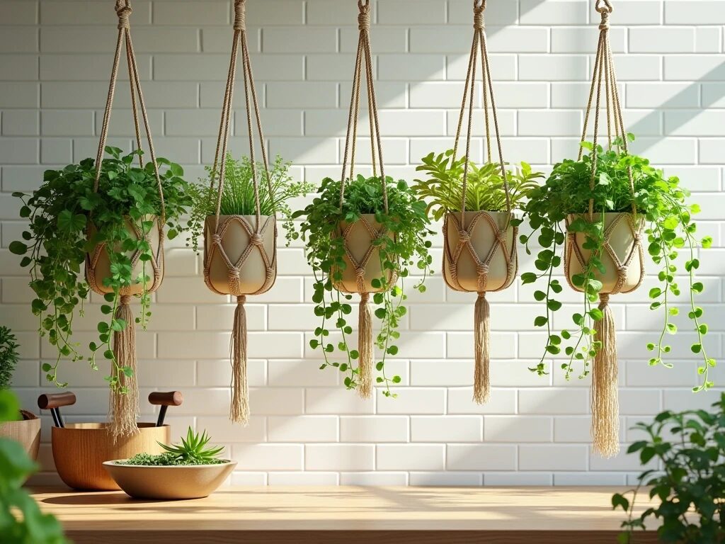  A bright kitchen wall decorated with macrame hanging planters filled with lush green plants, set against white subway tiles