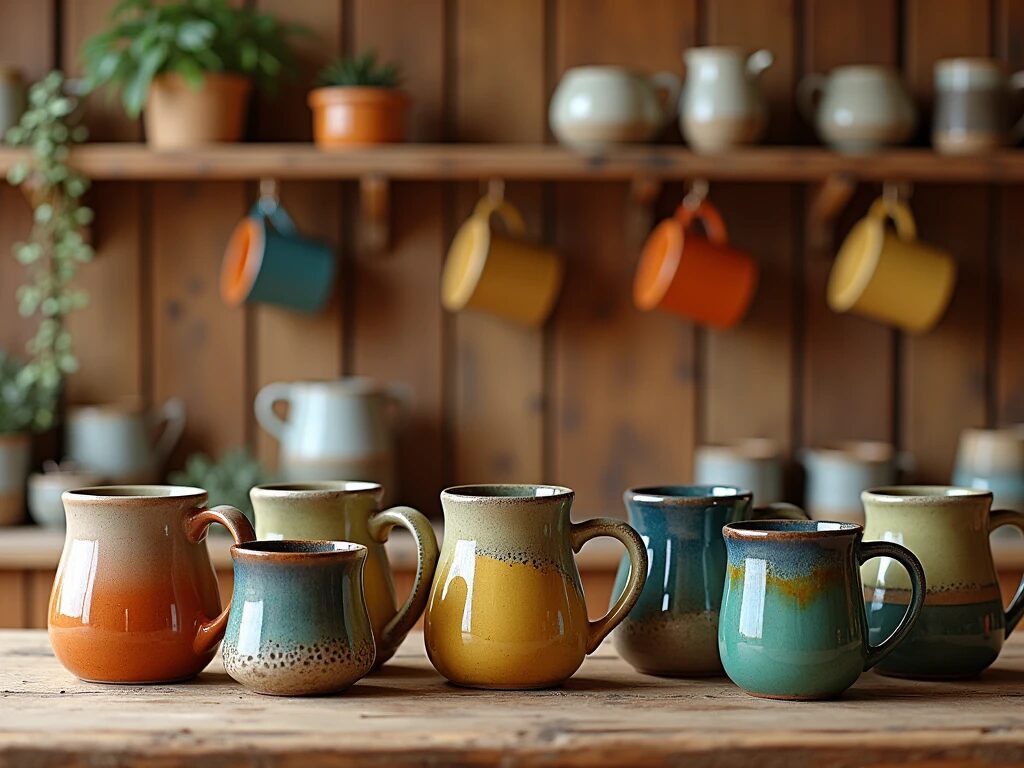  A rustic mug rack on a kitchen wall displaying colorful ceramic mugs, adding a personal touch to the space