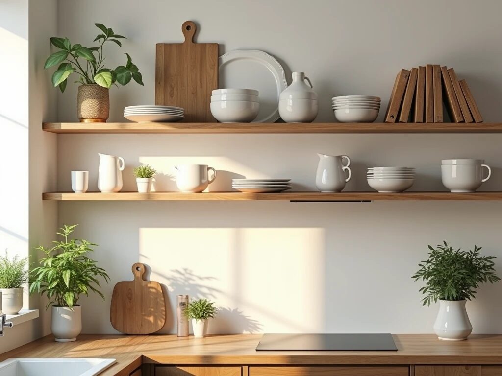 A kitchen wall featuring natural wood open shelves holding white dishes, cookbooks, and small plants, blending practicality with style