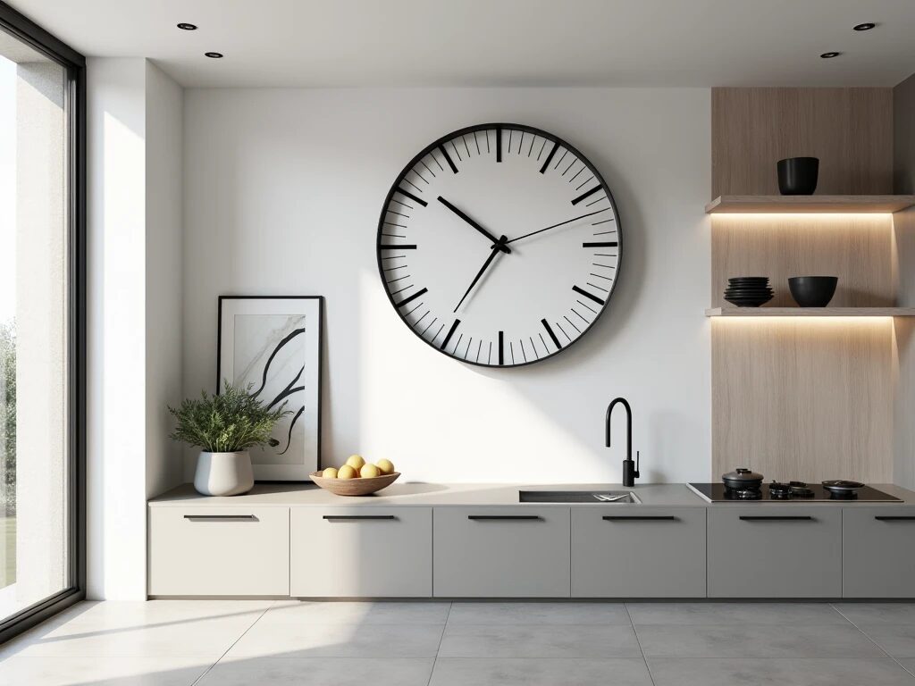 A minimalist kitchen wall with a large, stylish black-and-white clock, creating a bold focal point in the space.