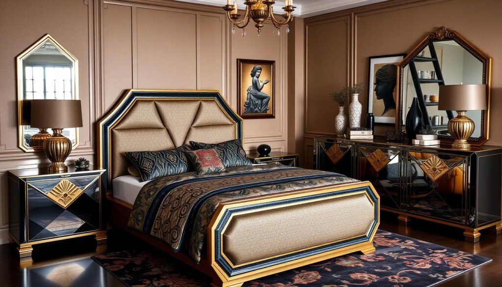 Did you know the global Art Deco furniture market is set to hit $17.3 billion by 2027? This style, born in the 1920s, still charms those looking for vintage glamour in their bedrooms. Art Deco Bedroom Set