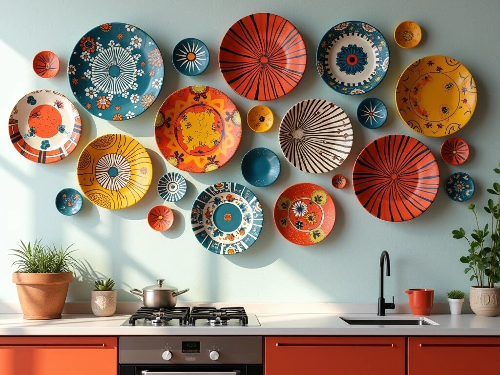 A kitchen wall showcasing a collection of vibrant, patterned ceramic plates arranged artistically in a creative design