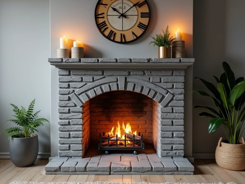 gray painted brick fireplace