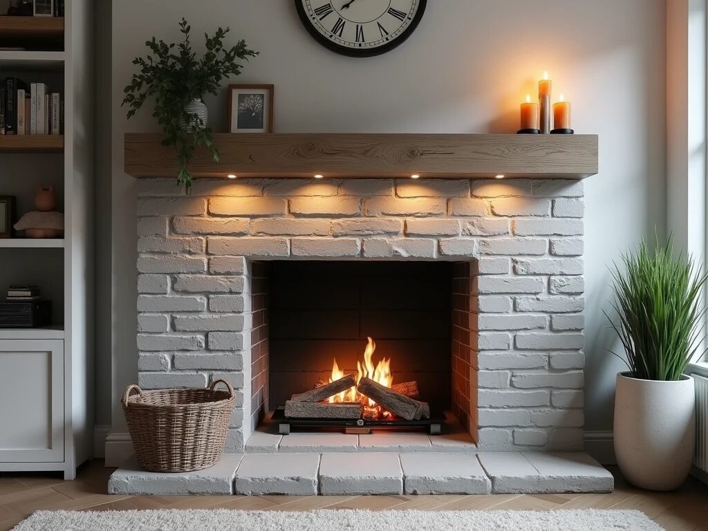  gray painted brick fireplace