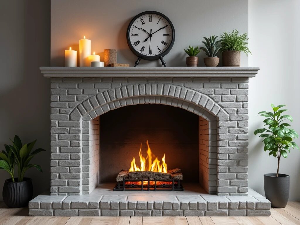  gray painted brick fireplace